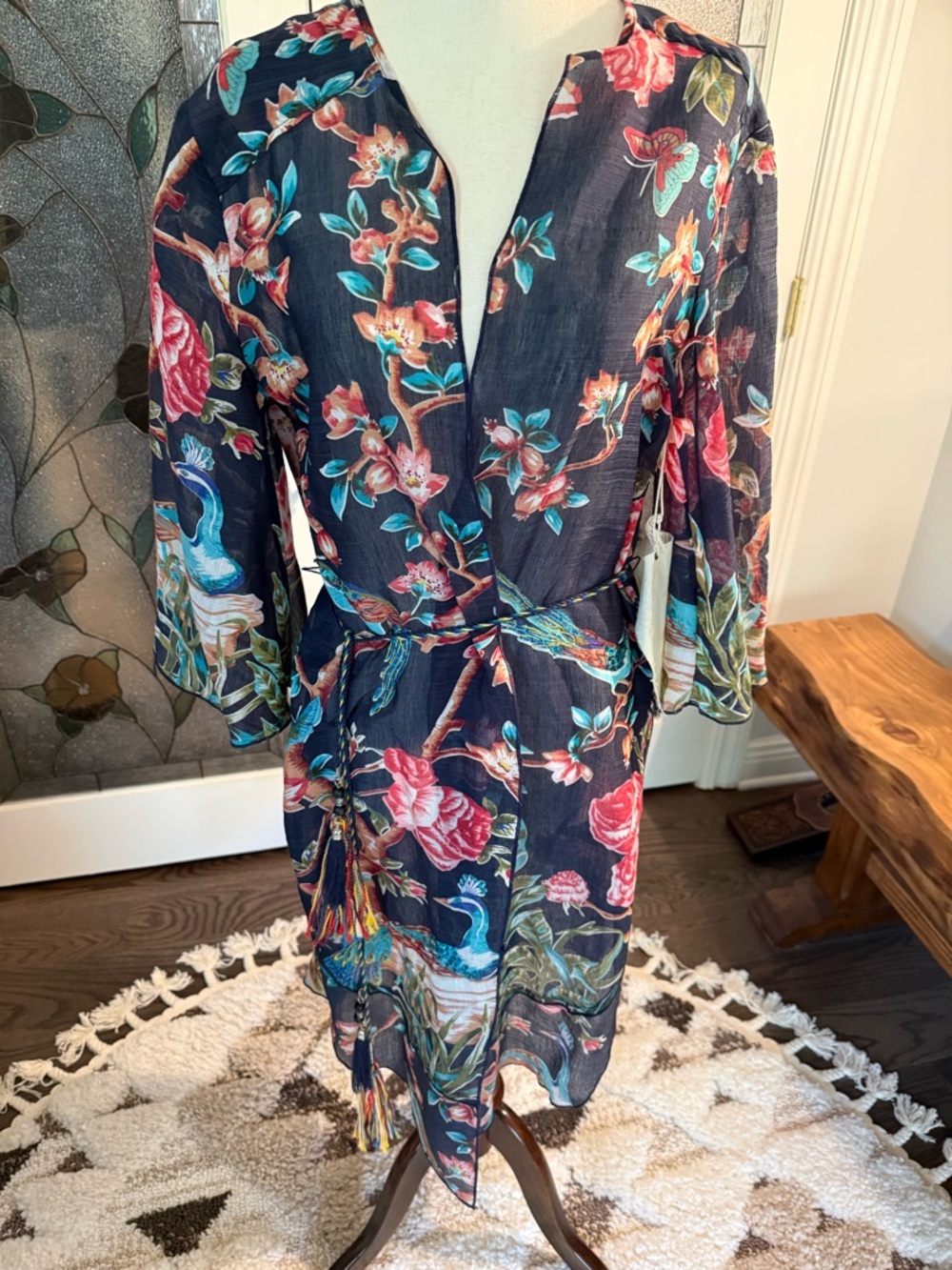 Aratta Floral Dress / Tunic with Multicolor Bird & Tassel (last piece)